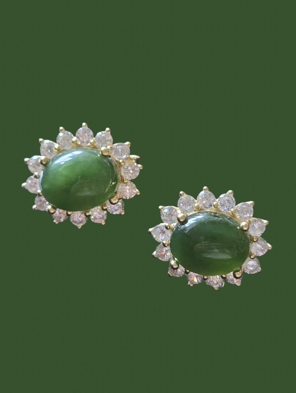 925 Sterling Silver 14K Gold Plated Earrings 10x13m with Natural Jade Gem